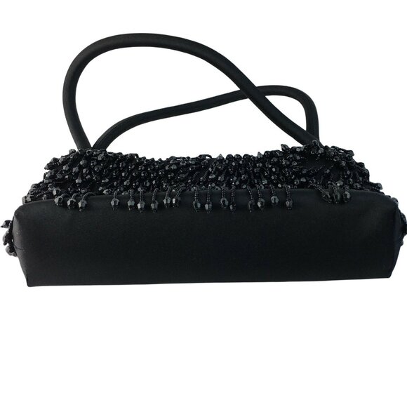 Little Black Formal Evening Purse Beaded Handbag Fabric 8.5 x 3.5 With Handle u - Picture 6 of 6